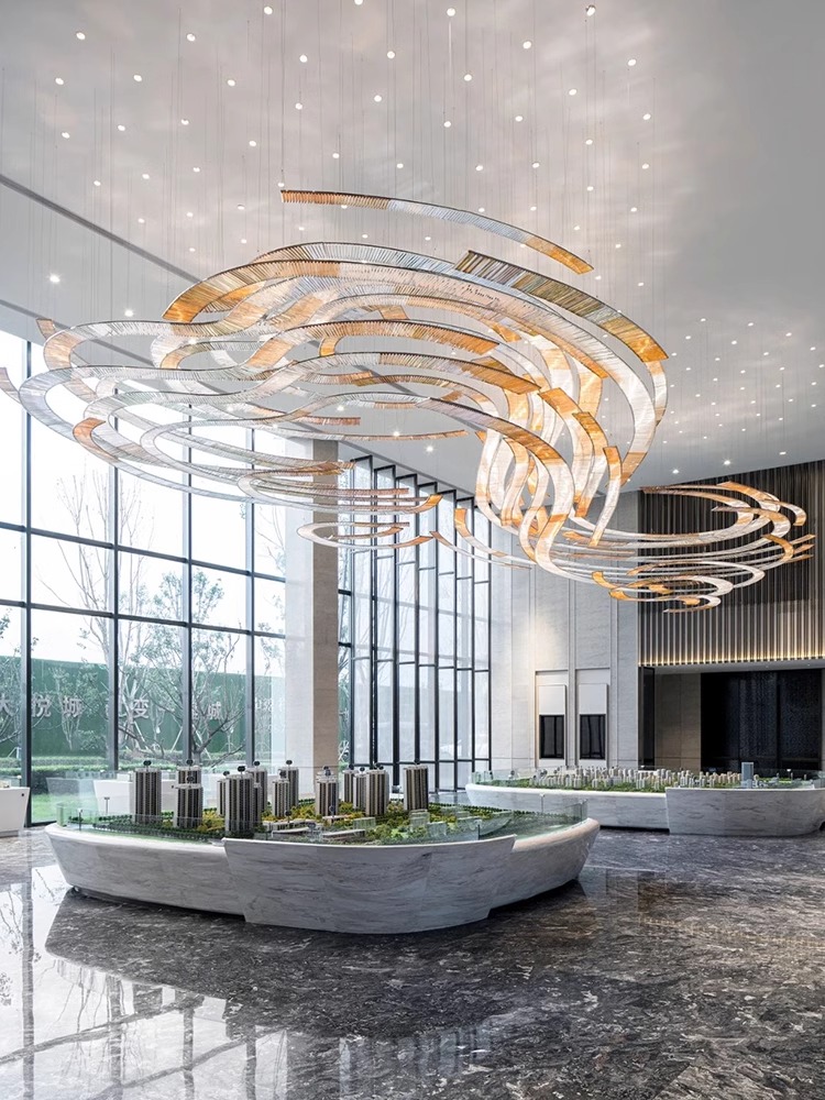 Hotel Lobby Banquet Hall Model Room Artistic Modeling Creative Decoration Custom Chandelier Pendant Lighting (7) Vestíbulo del hotel Salón de banquetes Sala modelo Modelado artístico Decoración creativa Lámpara colgante personalizada Iluminación (7)