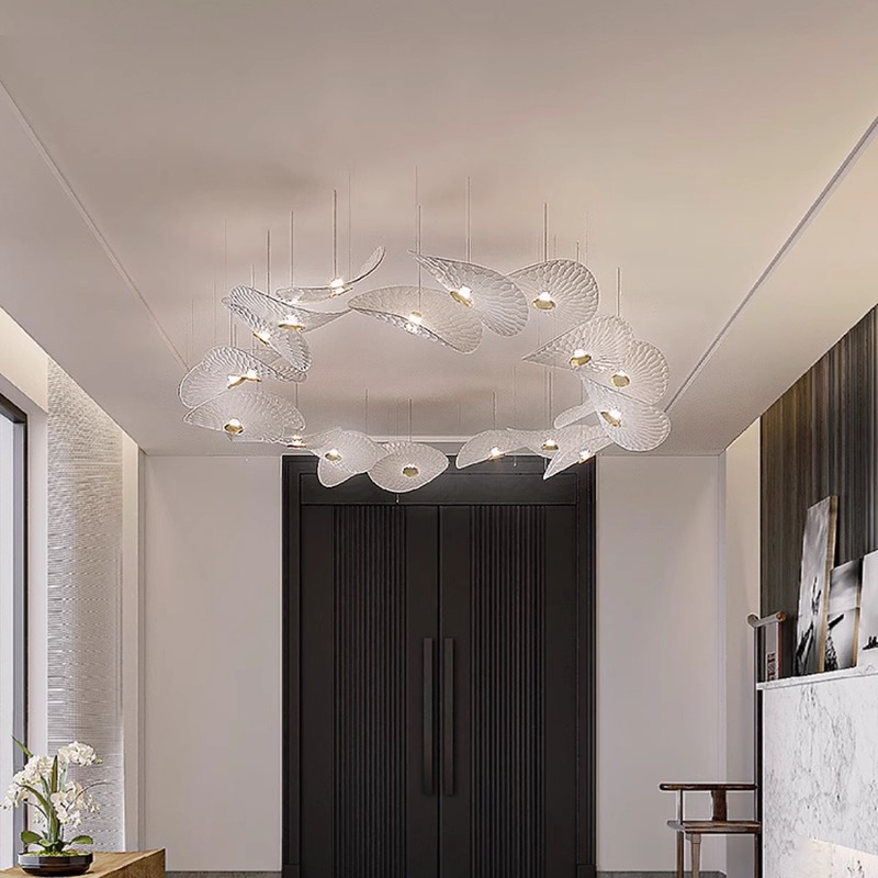 Lámpara de techo con forma de hoja de loto personalizada, lujosa lámpara de techo de cristal dorado, decoración para habitación y vestíbulo de Hotel