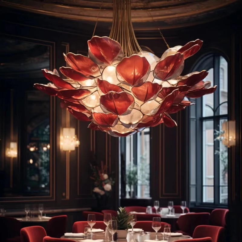 Lámparas de araña personalizadas de flores de acero inoxidable de cristal con iluminación colgante de restaurante grande para vestíbulo de Villa de ingeniería de Hotel de gama alta