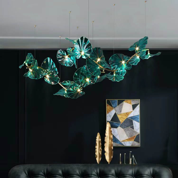Lámparas de araña personalizadas, luz colgante LED de hojas de loto blancas de cristal contemporáneas