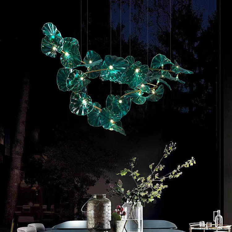 Lámparas de araña personalizadas, luz colgante LED de hojas de loto blancas de cristal contemporáneas